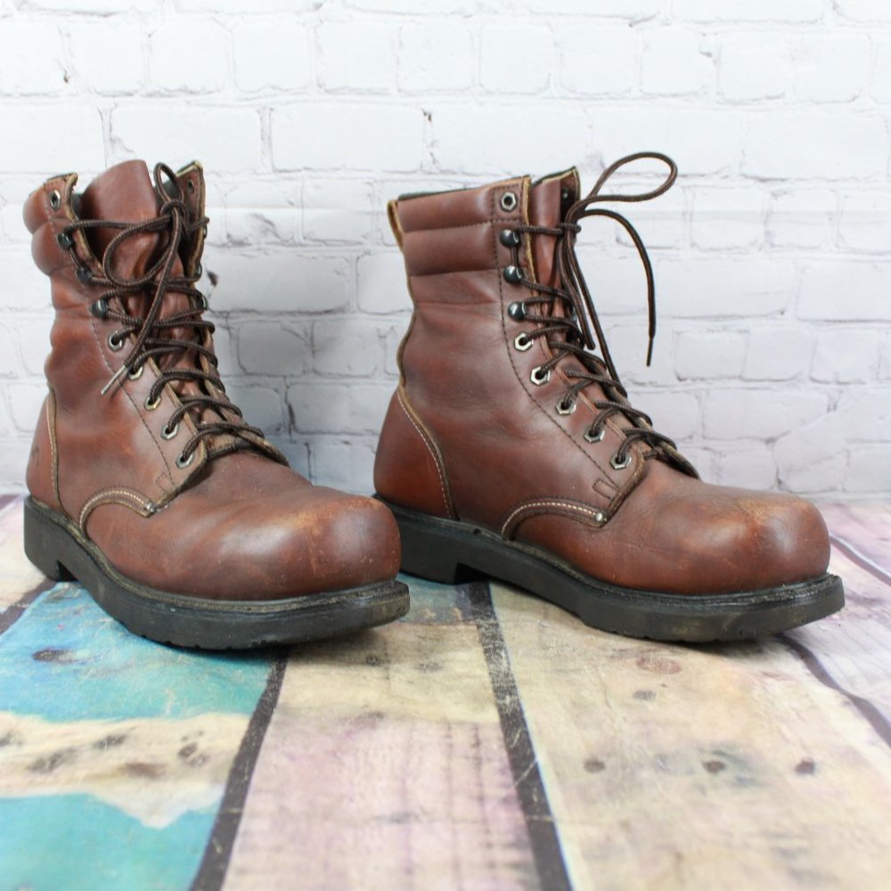 DD TUFF Brown Leather Ankle Lace-up Steel Toe Work Boots Size 9 - Picture 3 of 9